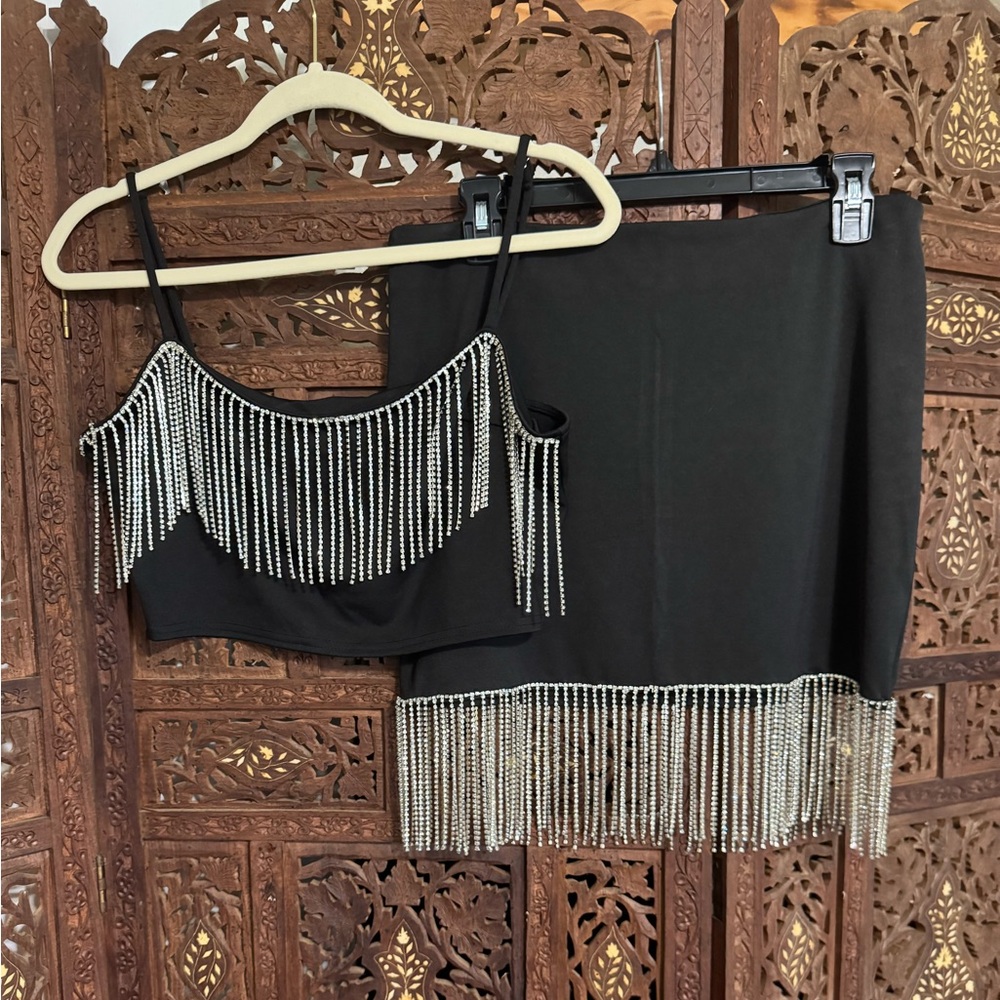 Better Be Black Skirt and Crop Top with rhinestone fringe trim